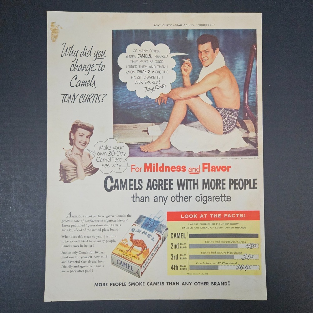 1953 Camel Cigarettes Tony Curtis Swimming Pool Forbidden Movie Vintage Print Ad